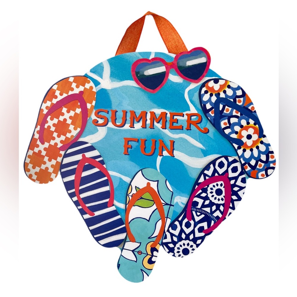 Summer Fun Door Hanger Sunglasses, Flip Flops, Water Background